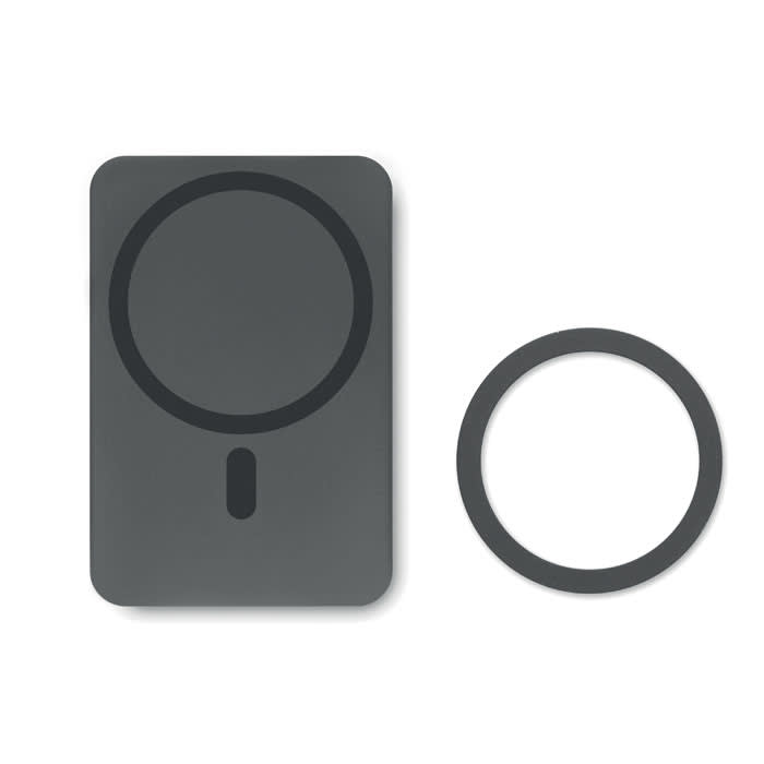A drink bottle in dark grey featuring a circular attachment and a separate ring. Includes branding.
