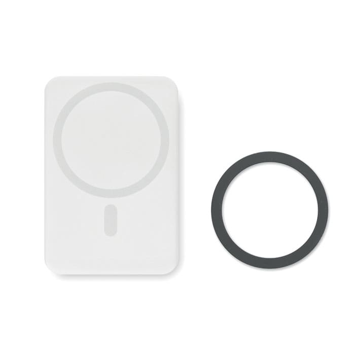 A drink bottle with a sleek design, featuring a white body and a dark circular band. It has a logo on the side.