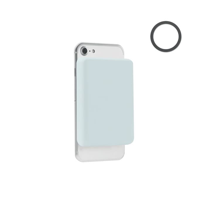 A phone accessory in light blue silicone with a black circular item beside it. It has a partial logo on the back.