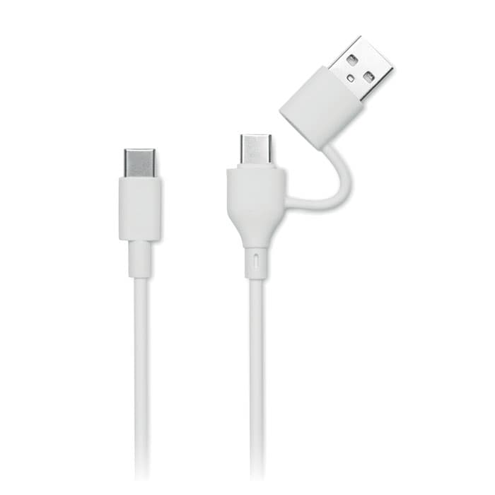 A USB cable with a white exterior featuring USB-A and USB-C connectors at each end.