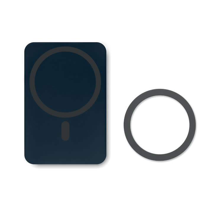 A navy blue flat phone accessory with a circular attachment. It has a minimalistic design and includes a logo.