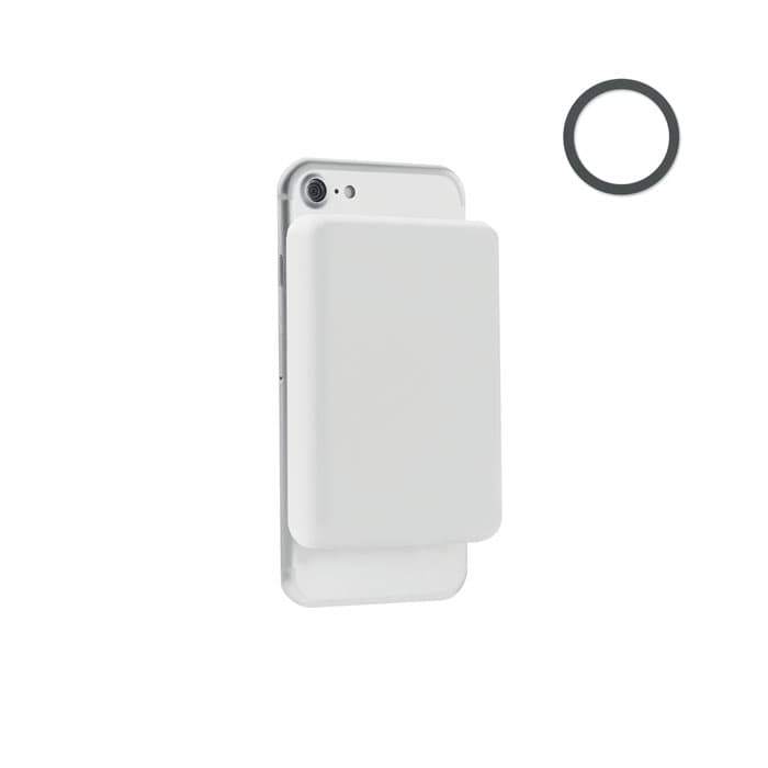 A phone accessory featuring a white card holder attached to a smartphone, with a black circular band nearby.
