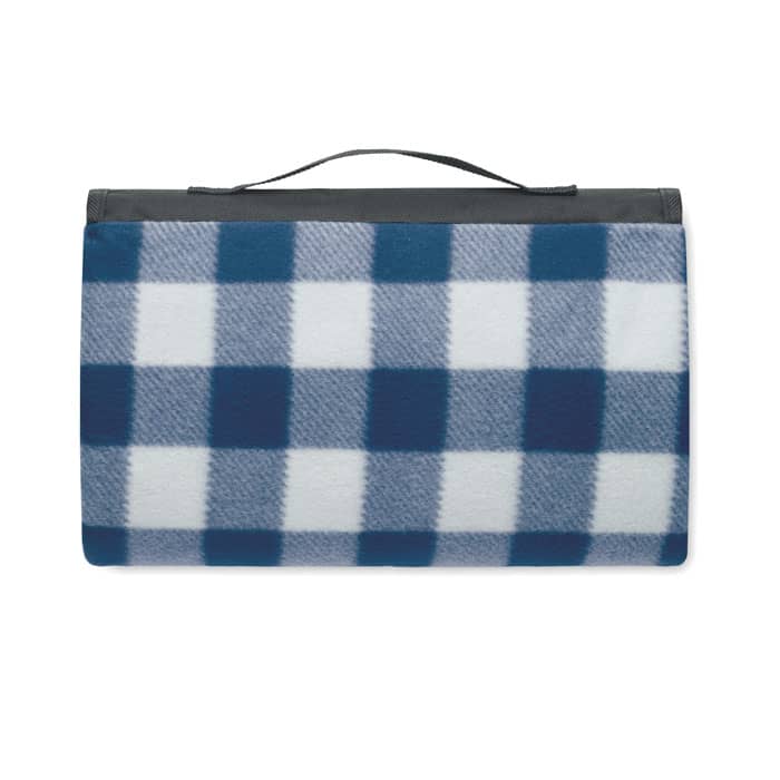 A picnic blanket featuring a blue and white checkered pattern, with a black carrying handle.