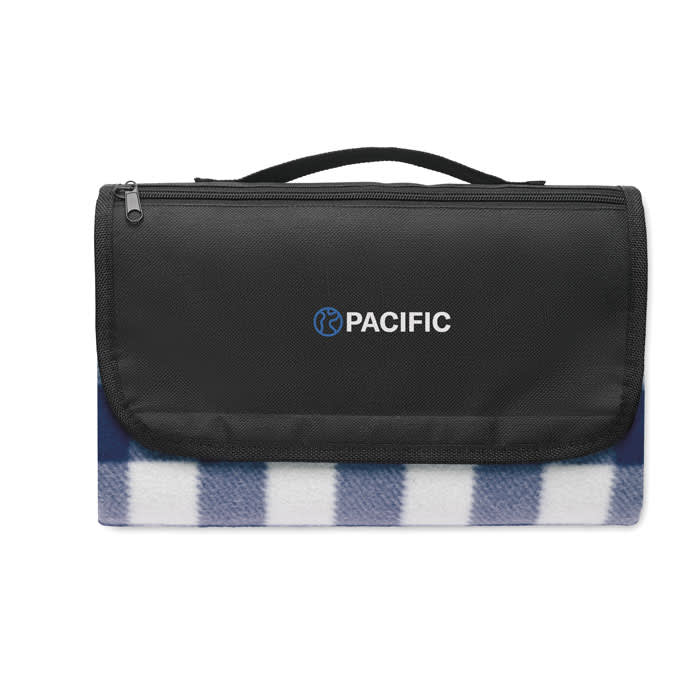 A picnic blanket with a black zippered flap and blue and white checkered pattern. It features a logo on the front.