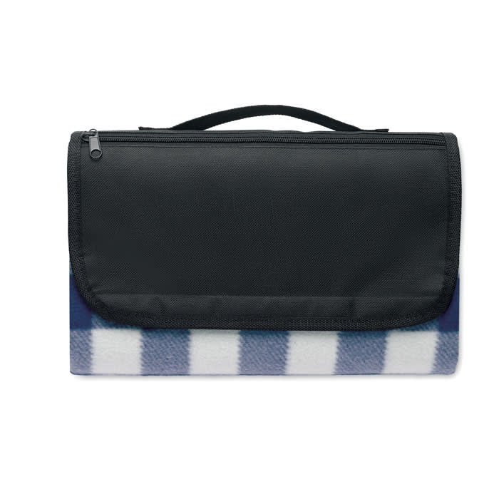 A picnic blanket with a blue and white check pattern, featuring a black carrying handle and zippered compartment.