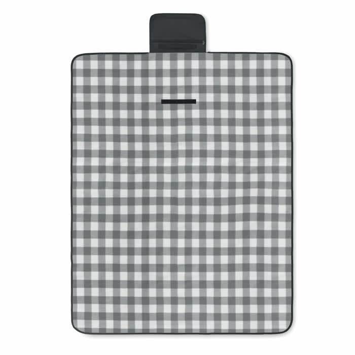 A picnic blanket with a black and white checkered pattern, featuring a foldable design and a carrying handle.