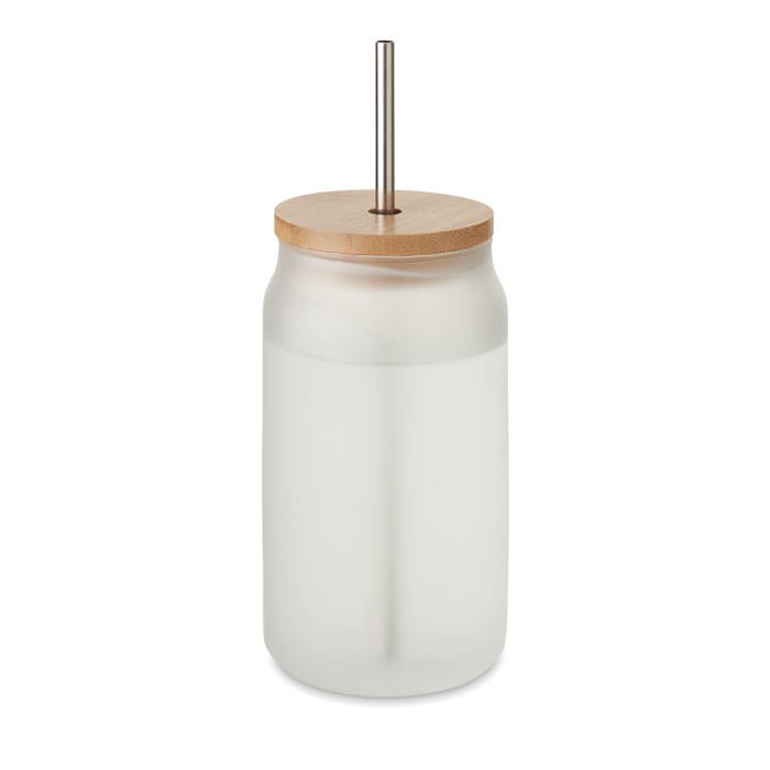 A drink bottle with a frosted glass body, wooden lid, and stainless steel straw. It features a logo on the front.