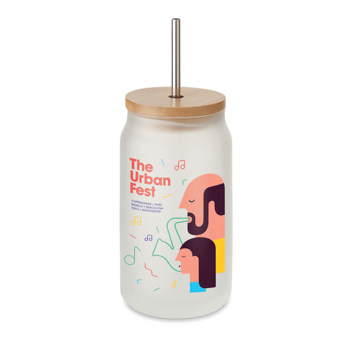 A drink bottle with a frosted white finish, a wooden lid, and a metal straw. It features colourful illustrations and a logo.