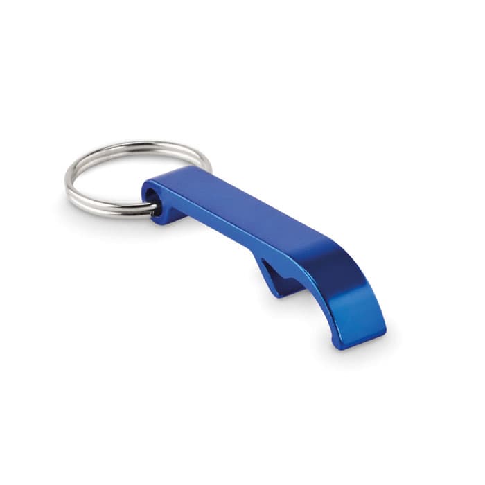 A blue metal bottle opener keyring with a shiny finish and a circular keyring attachment.