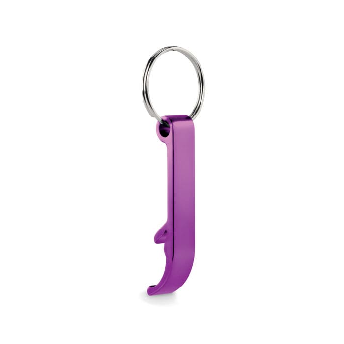 A purple metal keyring bottle opener with a sleek design and a circular attachment for keys.