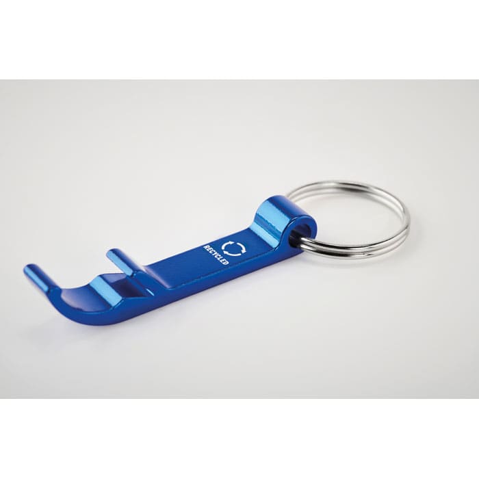 A blue keyring tool with a hook and a circular attachment, featuring a logo on its surface.