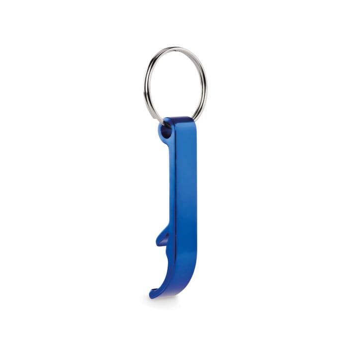 A blue keyring tool with a curved design, featuring a keyring attachment.