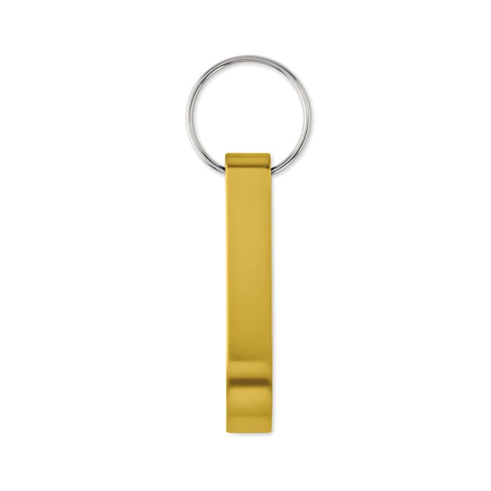 A gold keyring with a sleek, elongated design and a circular attachment for keys.