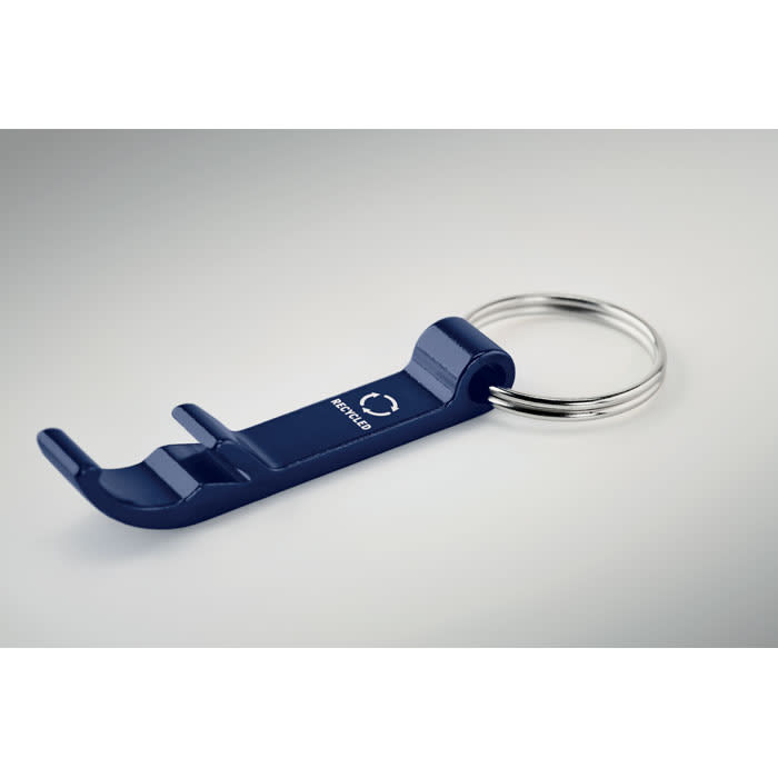 A navy blue keychain tool with a ring and a hooked end, featuring a logo on its surface.