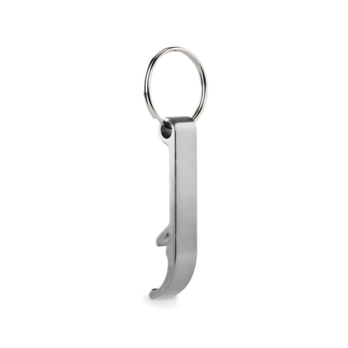 A silver keychain bottle opener with a simple, sleek design attached to a metal ring.