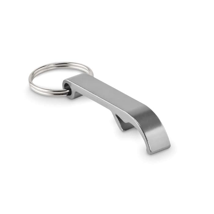 A keychain bottle opener in silver metal with a smooth, sleek design and a circular ring for attachment.
