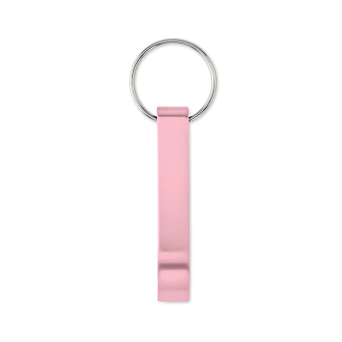 A pink keyring featuring a smooth, sleek design with a metal ring attachment.