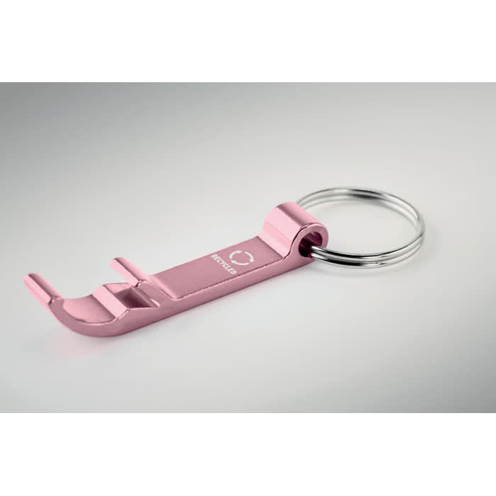 A pink metal keychain tool with a ring attachment and a curved end, featuring a logo.