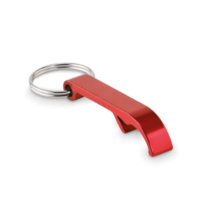 A red metal bottle opener with a keyring attachment. The design is sleek and minimalistic.