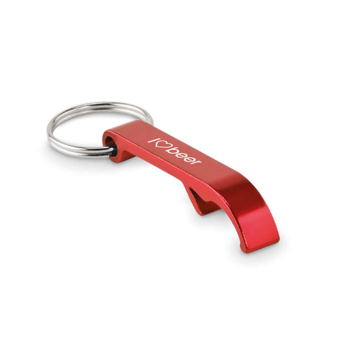 A red bottle opener with a keyring attachment and an engraved design.