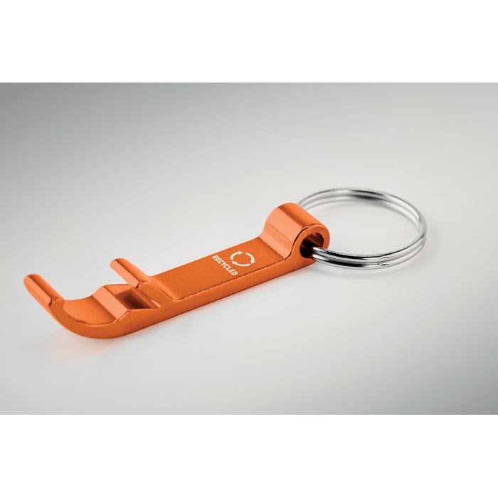 An orange keychain tool with a key ring, featuring a curved end for gripping.