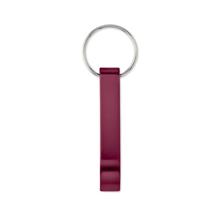 A maroon keyring with a metal loop for attaching keys or other items. It has a smooth finish and a simple design.