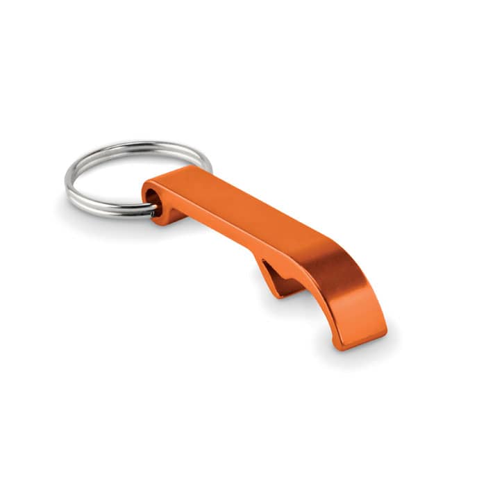 An orange keychain bottle opener with a sleek design and a metal ring for attachment.