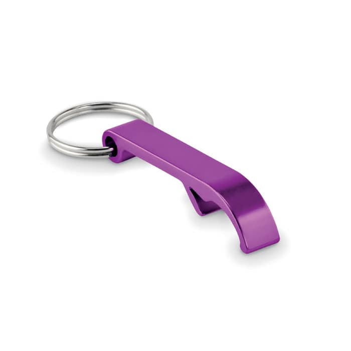 A purple keychain bottle opener with a silver ring, featuring a simple, sleek design.