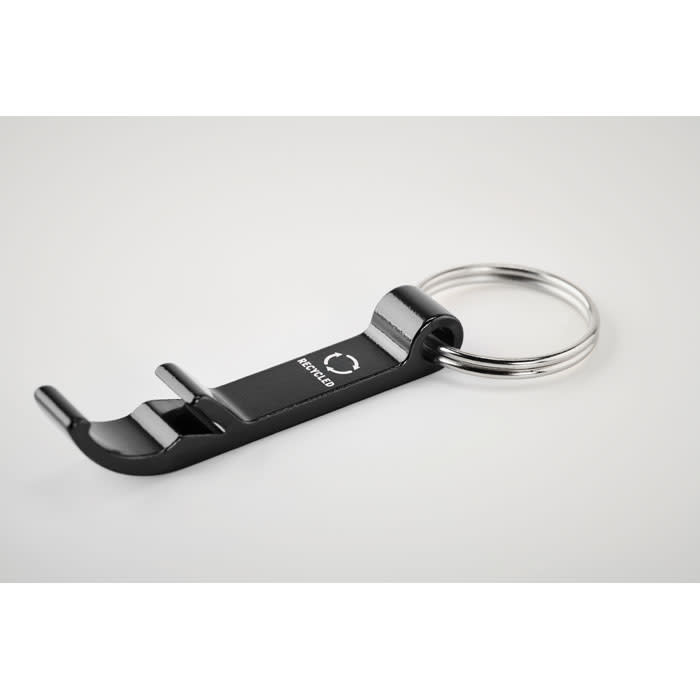 A black keychain tool with a ring for attachment and a simple design, featuring a logo.