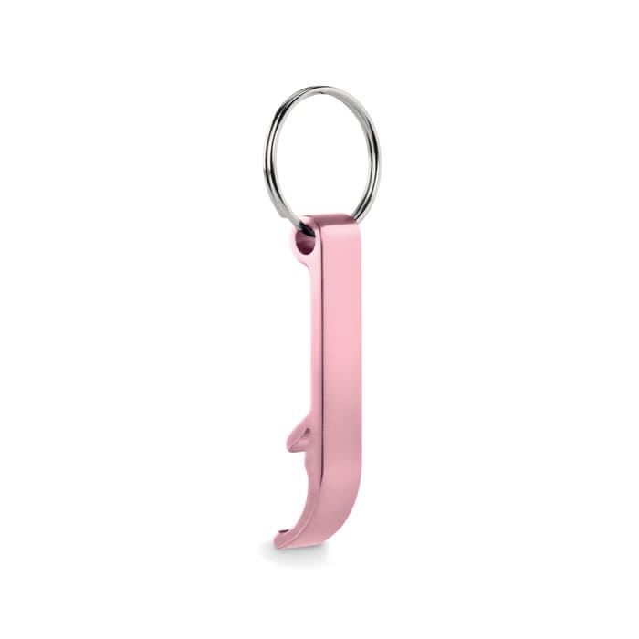 A pink keyring bottle opener with a sleek design, featuring a metal ring for attachment.