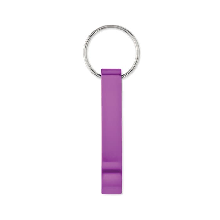 A keyring in purple with a sleek design, featuring a round metal loop for attachment.