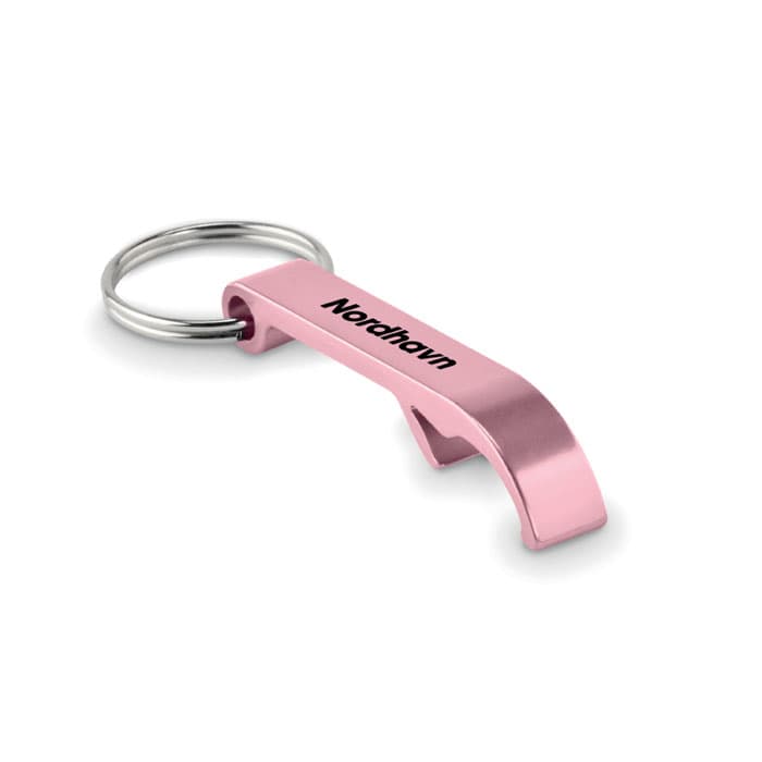 A pink metal keychain bottle opener with a shiny silver keyring and branding on one side.
