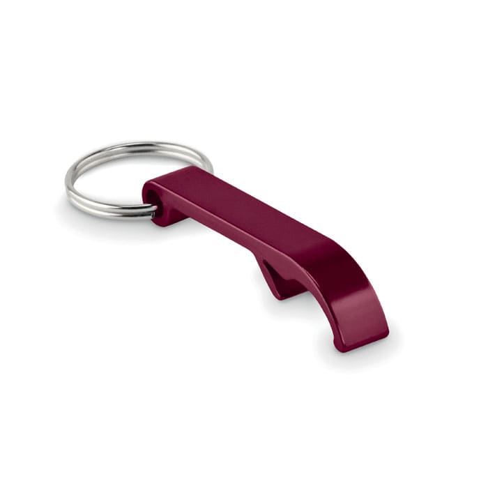 A maroon keychain bottle opener with a metal keyring attachment.