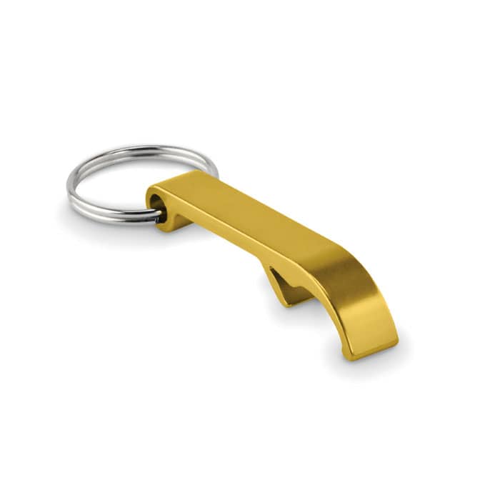A gold metal keychain bottle opener with a sleek design and a silver keyring attachment.