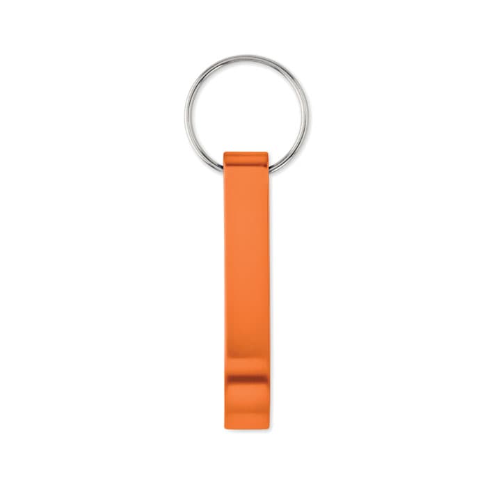 An orange keyring with a sleek, flat design and a silver metal ring for attachment.