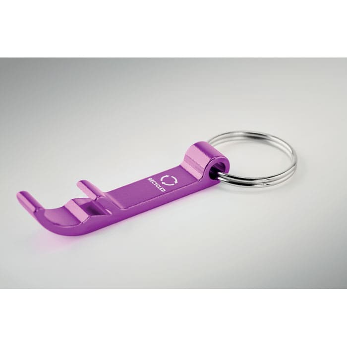A purple keychain tool with a ring, featuring a hook end and a smooth handle. It has a small logo.