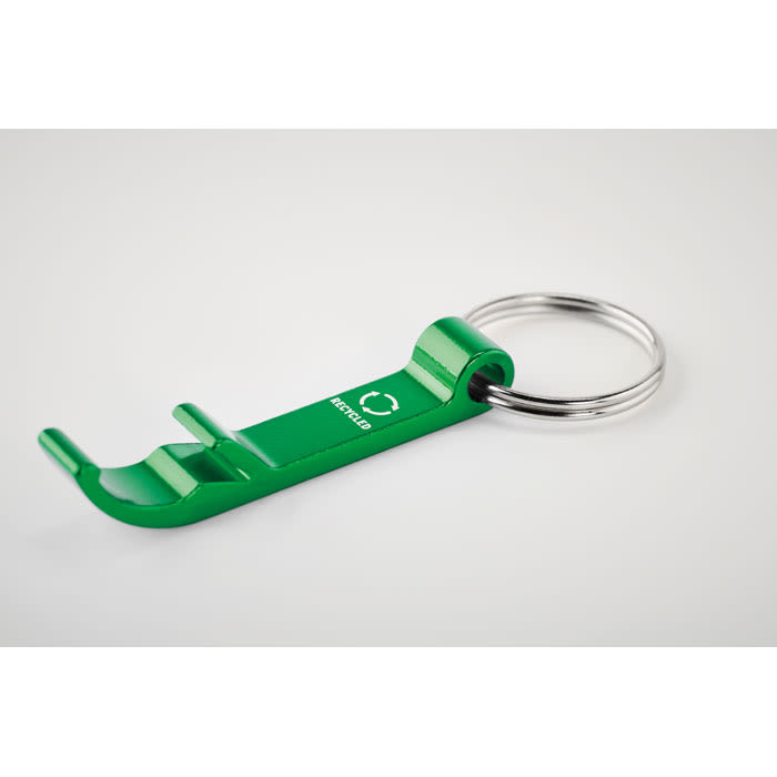 A green keyring bottle opener with a circular keyring attachment and a simple design.