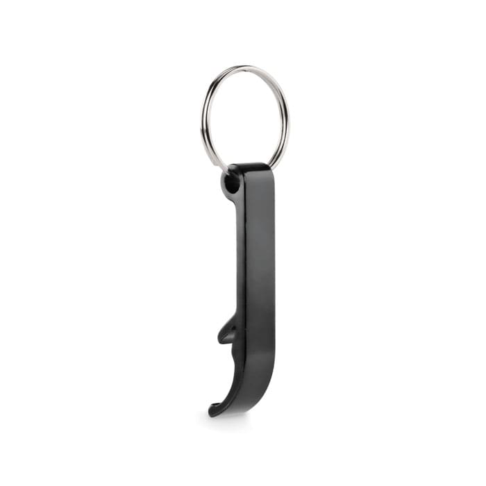 A black keychain bottle opener with a metal ring for attachment.