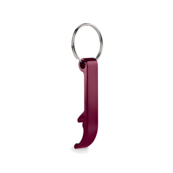 A maroon keychain tool featuring a hook shape, attached to a silver keyring.
