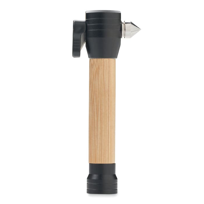 A drink bottle with a bamboo-textured body and a black cap, featuring a spout for easy pouring and a logo.