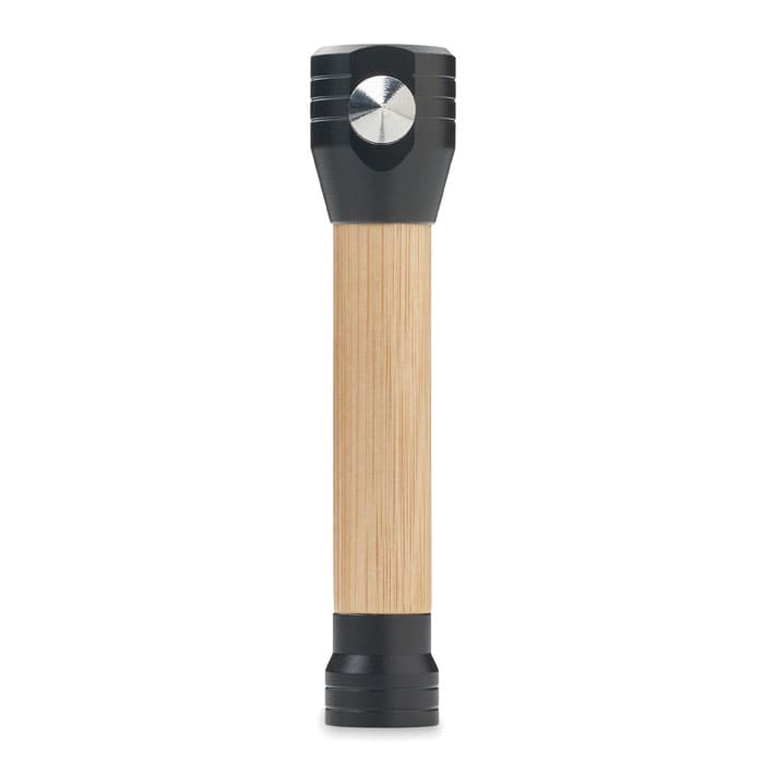 A flashlight with a black top and a natural bamboo body, featuring a round control button at the top.