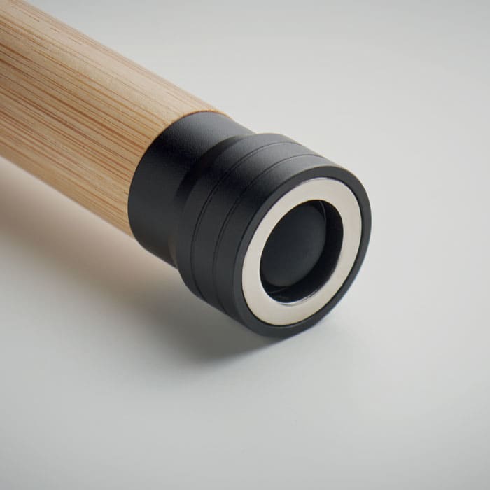A drink bottle with a bamboo finish and a black base featuring a round opening. It has a logo on the side.