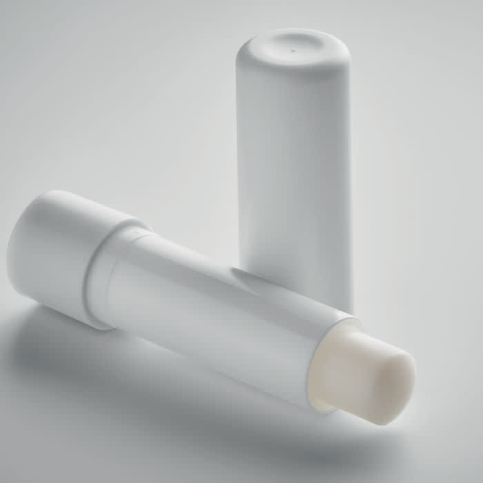 Two white vegan gloss containers are positioned diagonally, one slightly behind the other.