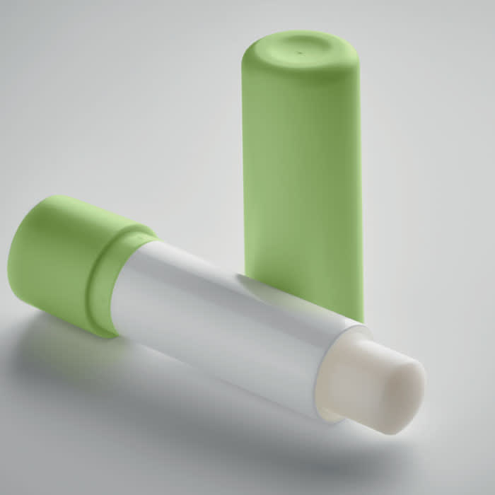 A drink bottle in white and green, featuring a smooth applicator tip and a cylindrical design with a logo.