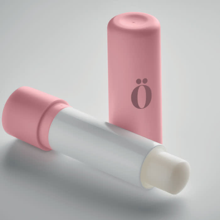 A drink bottle with a pink lid and a white body, featuring a simple logo on the side.
