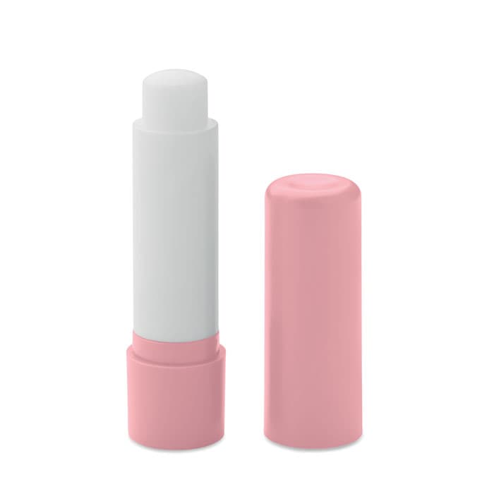 A lip balm tube featuring a white stick and a pink cap, with a plain design and a logo on the side.