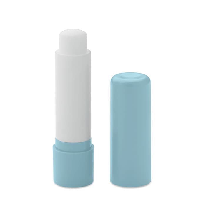 A lip balm tube with a white stick and a light blue cap, featuring a matching base. The product has a logo.