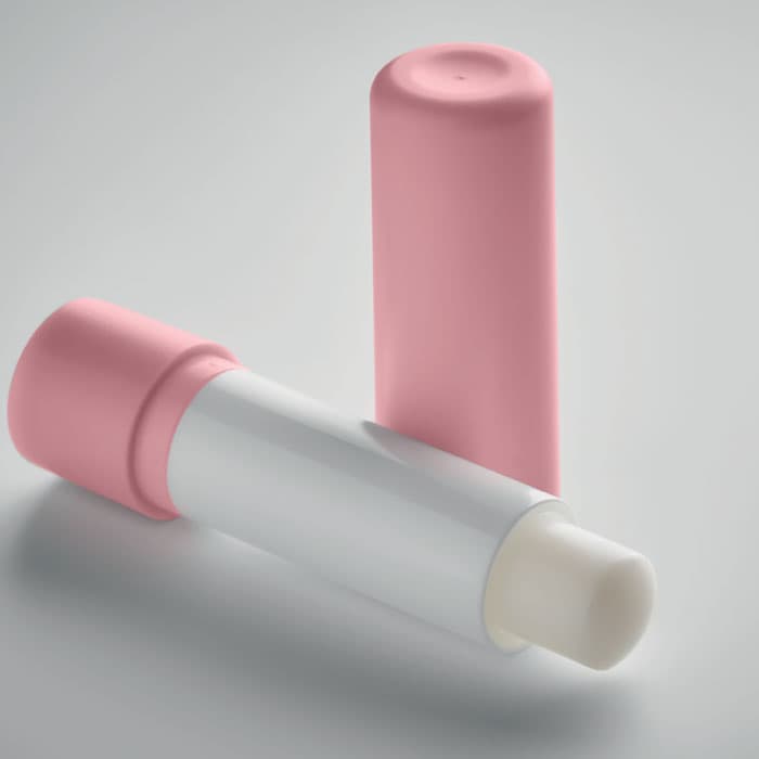 A drink bottle with a pink cap and a white body, featuring a minimalist design and a logo.