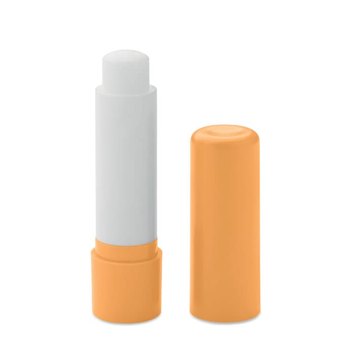A lip balm tube with a white stick and an orange cap, featuring a smooth, minimalist design and branding.