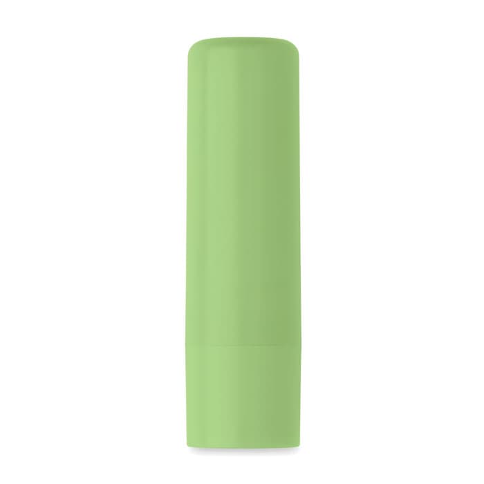 A green vegan lip gloss bottle with a smooth, cylindrical design and a logo on the surface.
